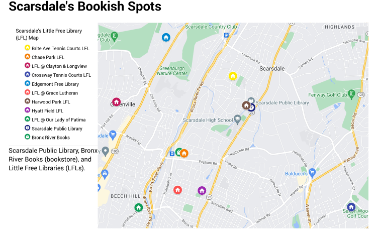  map of little free libraries, the Scarsdale Public Library and Bronx River Books bookstore on a map
