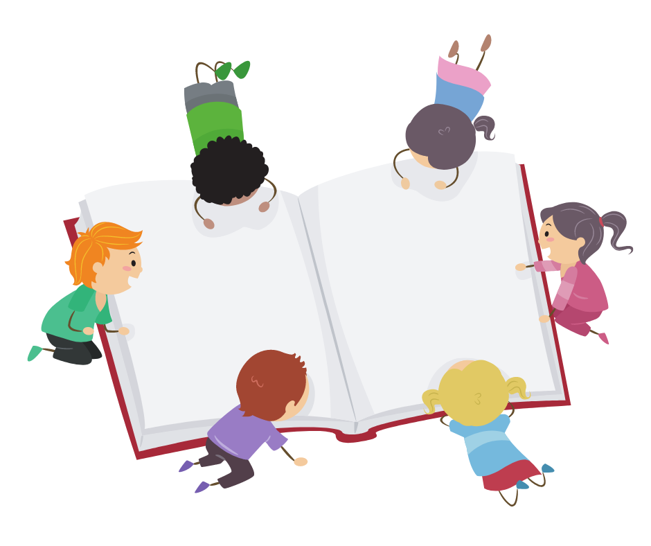 Kids Book Club graphic showing an large open book and children peering at the blank pages from all sides