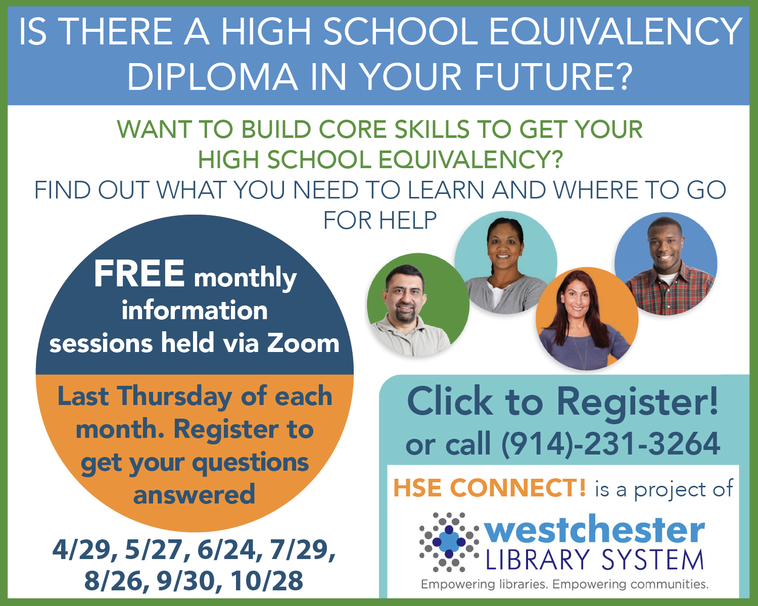 Promotional flyer for series of High School Equivalency information sessions