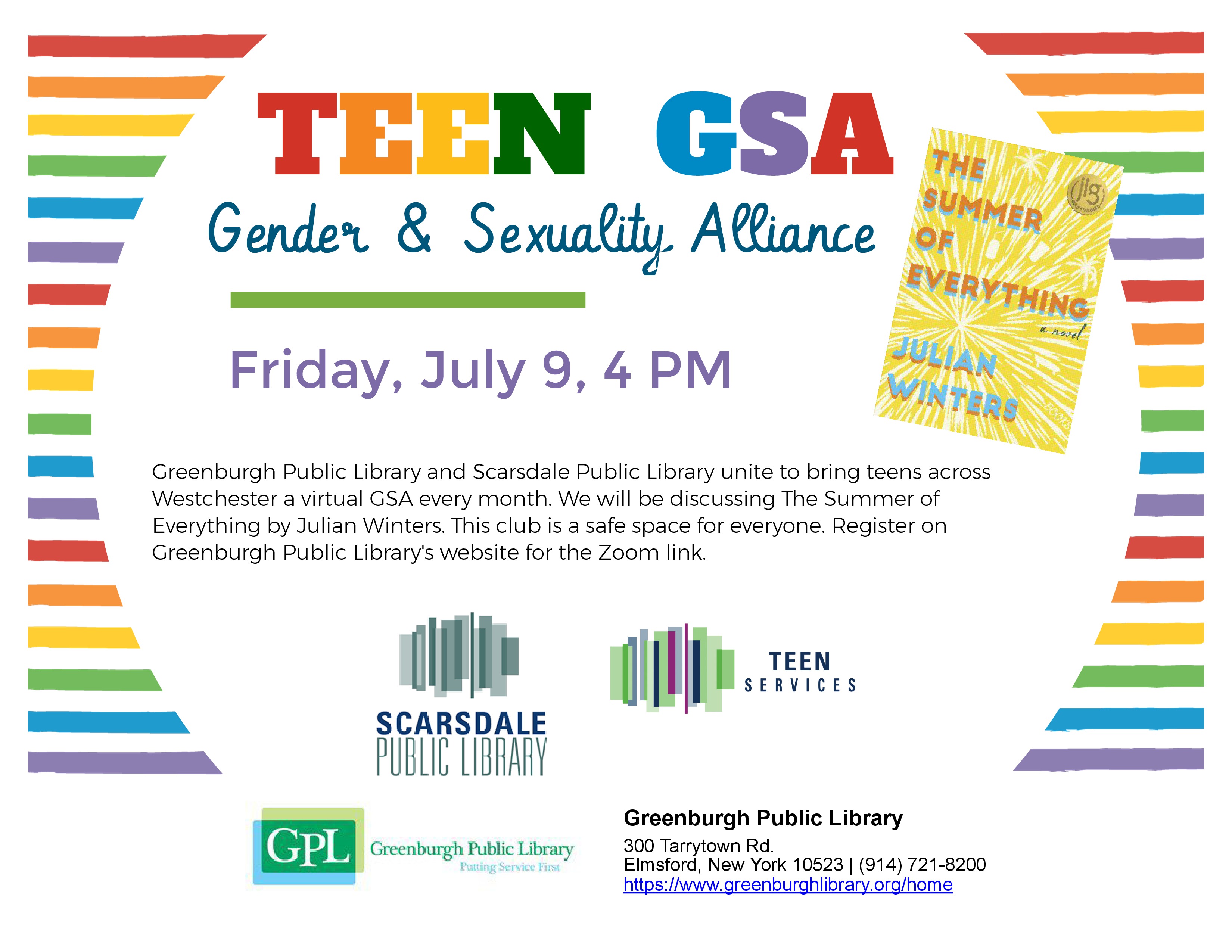 Teen GSA Book Club Flyer, Friday, July 9 at 4 PM Eastern, Discussion of Julian Winters' The Summer of Everything