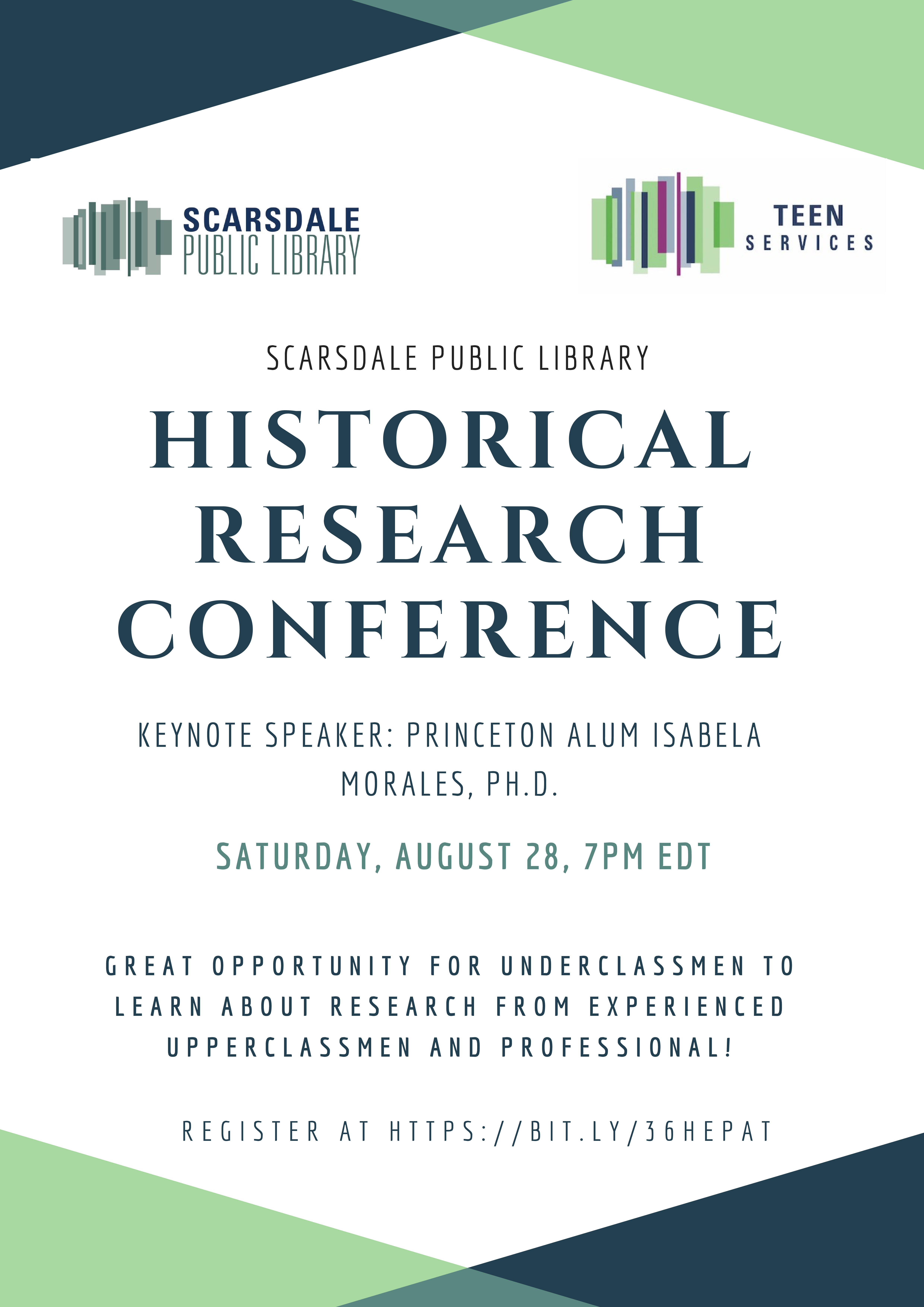 Poster to promote Historical Research Conference on Saturday, August 28 at 7 PM