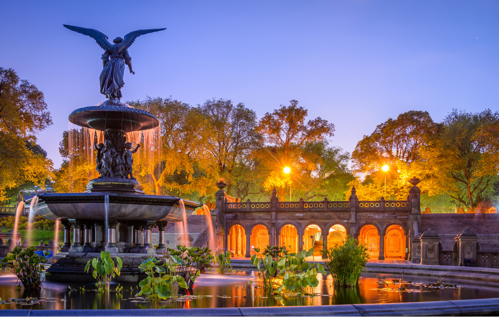 Central Park's Bethesda Fountain at dusk