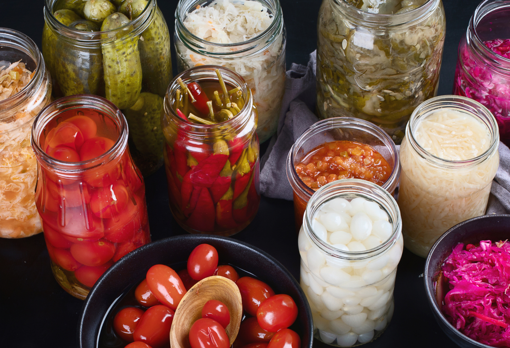 colorful jars of fermented vegetables