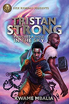 Cover art for Tristan Strong Punches a Hole in the Sky with two characters, a black boy and a black man, standing back-to-back