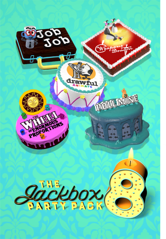 Jackbox Game Pack 8 image: Drawful Animate, Job Job, Poll Mine, Weapons Drawn, and The Wheel of Enormous Proportions