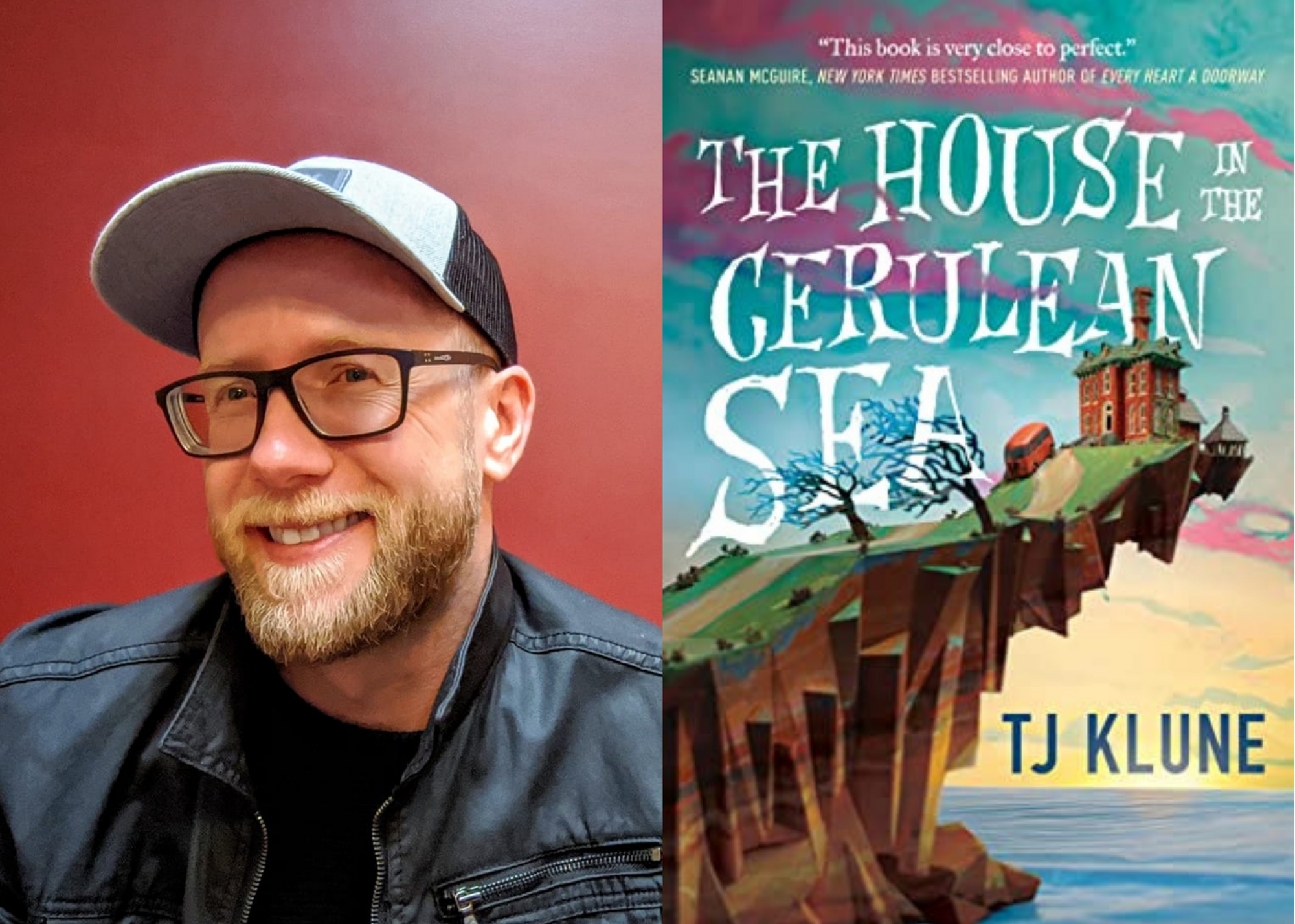 TJ Klune with the cover of The House in the Cerulean Sea
