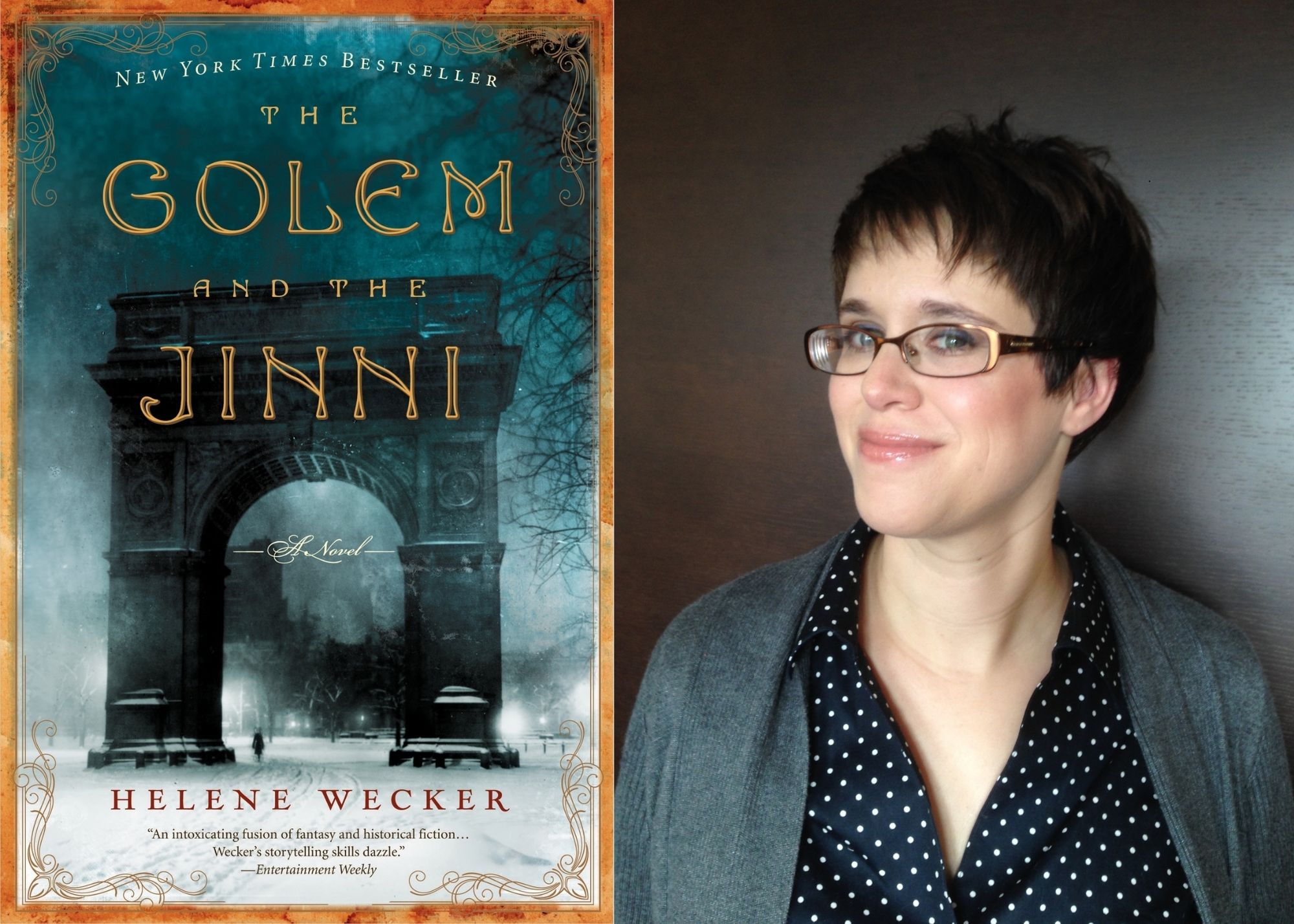 Helene Wecker with the cover of The Golem and the Jinni