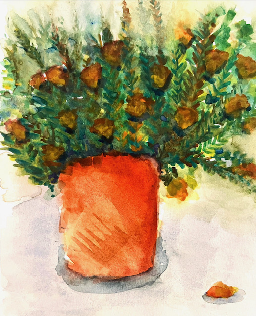 watercolor of flowers in a pot
