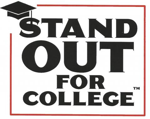 Stand Out For College logo, bold black text with red rectangular border and a little graduation cap on the S