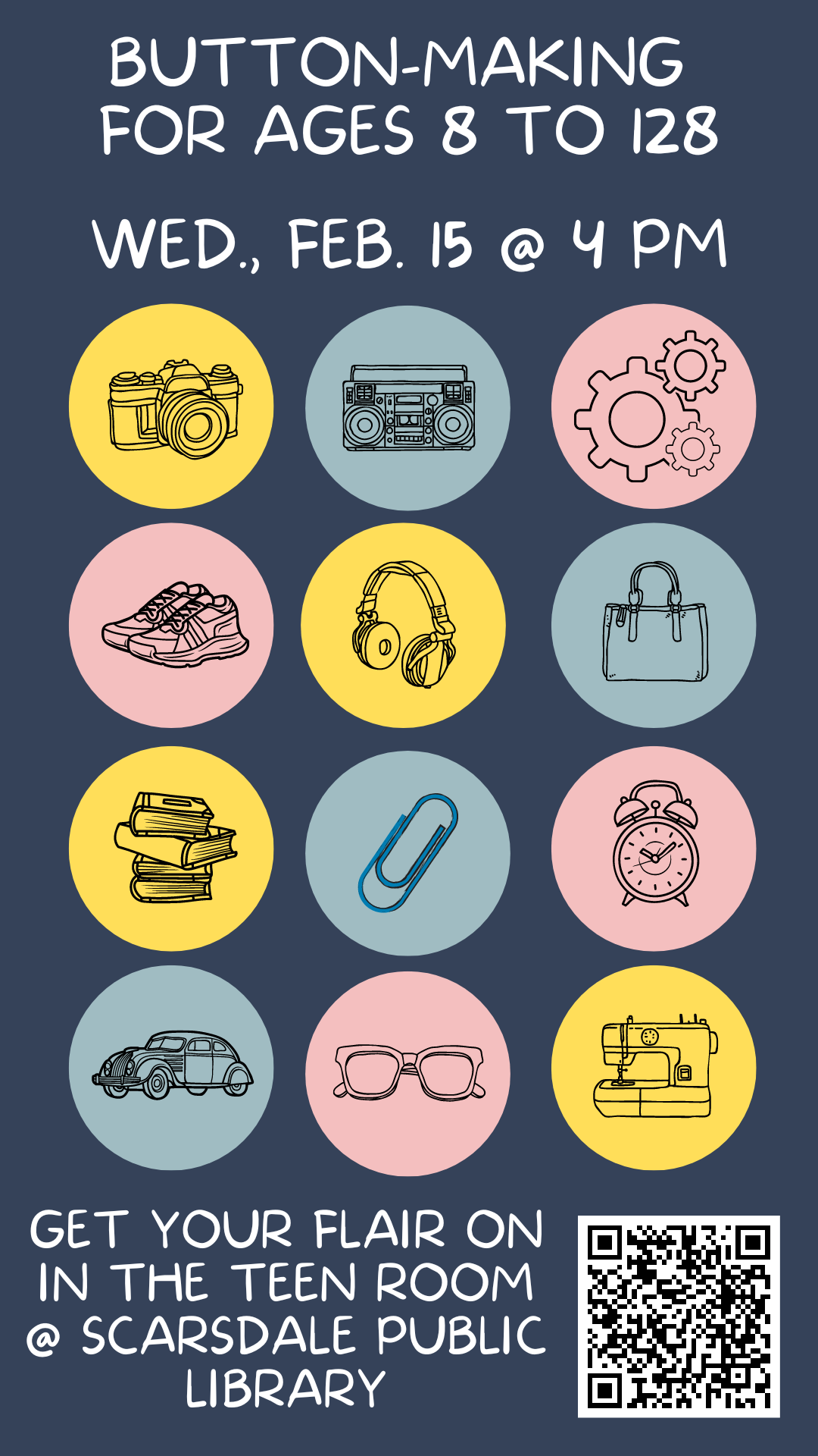 Yellow, blue, and pink circles with graphics drawn on them representing various hobbies: a camera, a stereo, a bunch of gears, a pair of running shoes, headphones, a handbag, books, a paperclip, an alarm clock, a car, a pair of spectacles, and a sewing machine.