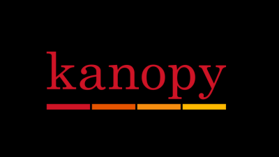 Kanopy logo: the word kanopy in red text with four dashes underlining it on a black background