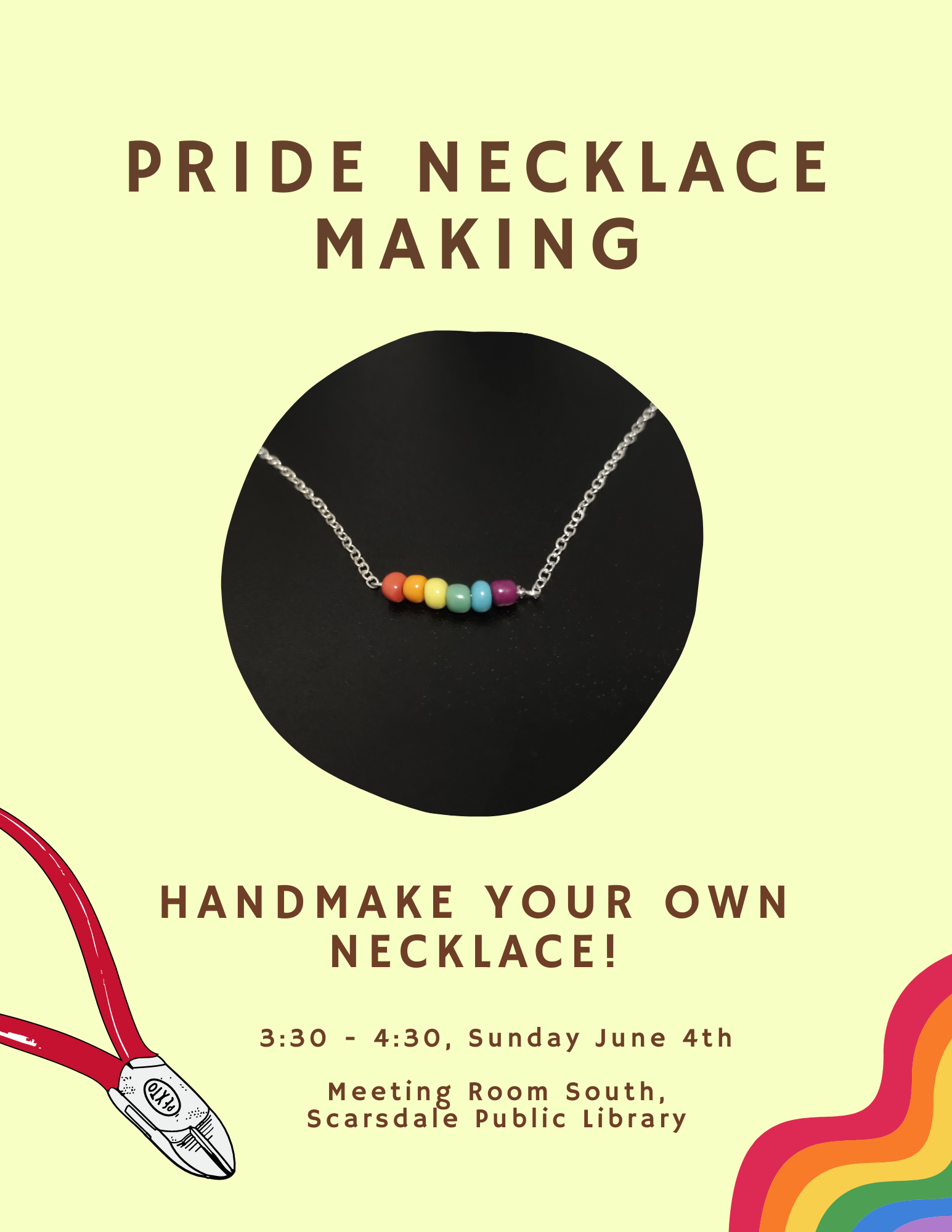 Pale yellow background; black circle in the center with a rainbow-beaded necklace pictured; red-handled hand tool in the lower left corner; wavy rainbow stripes in lower right corner