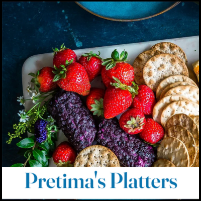 Pretima's Platters written underneath a charcuterie platter