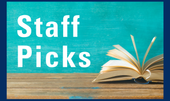 staff picks on blue background with open book on the right