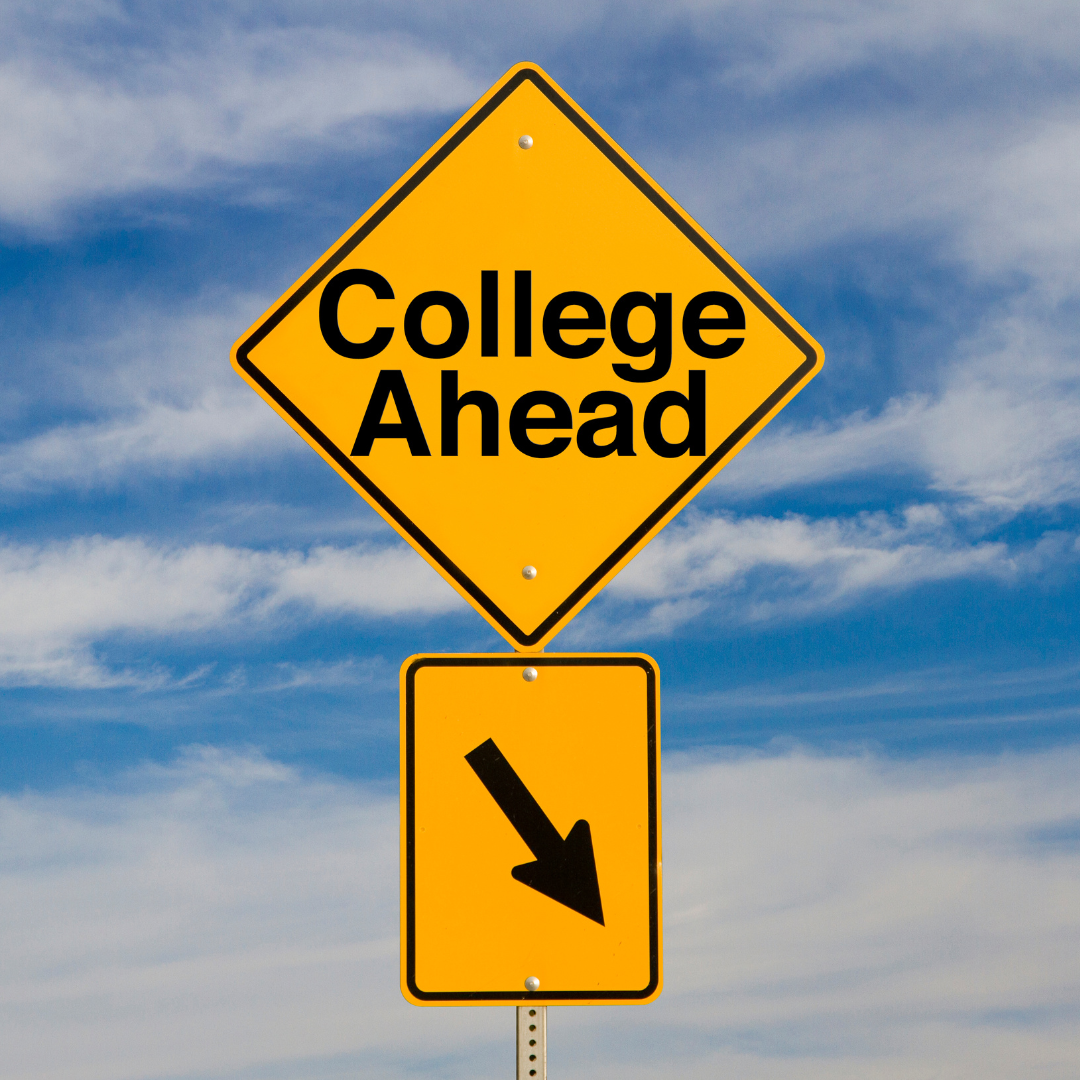 Blue sky with wispy white clouds behind two bright yellow traffic signs: The top one says "College Ahead" and the bottom one has a directional arrow.