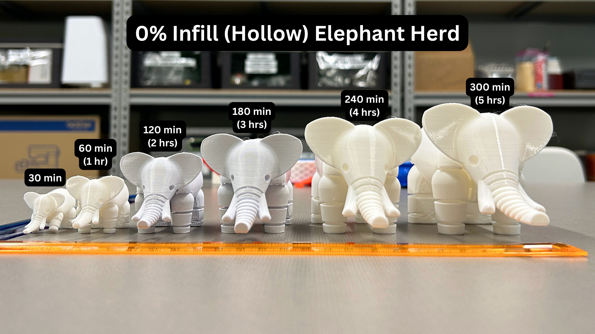 Six 3D printed 0% infill (hollow) white elephants shown head on, lined up in order of increasing print time from 30 minutes to 5 hours