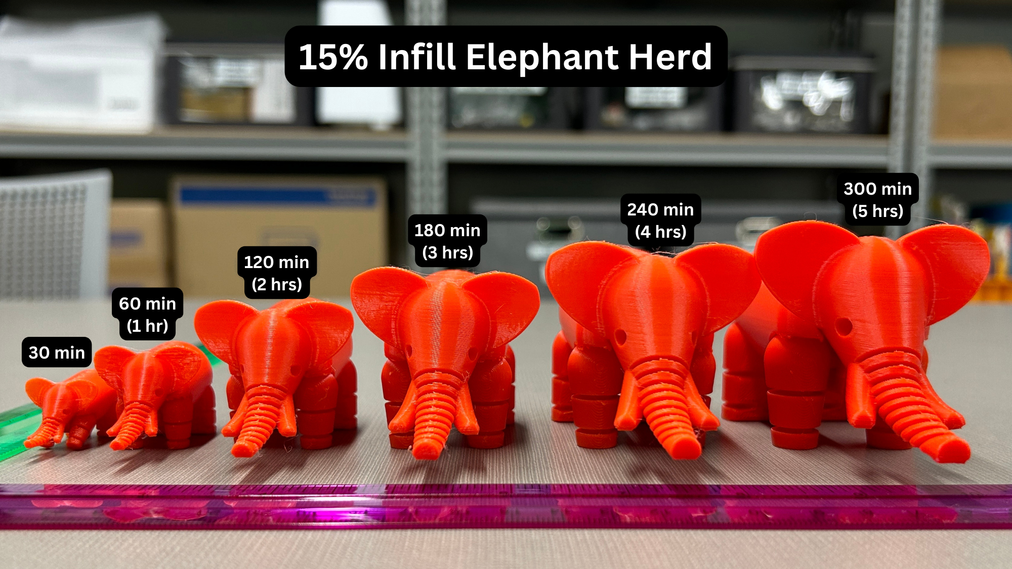 Six 3D printed 15% infill orange elephants shown head on, lined up in order of increasing print time from 30 minutes to 5 hours