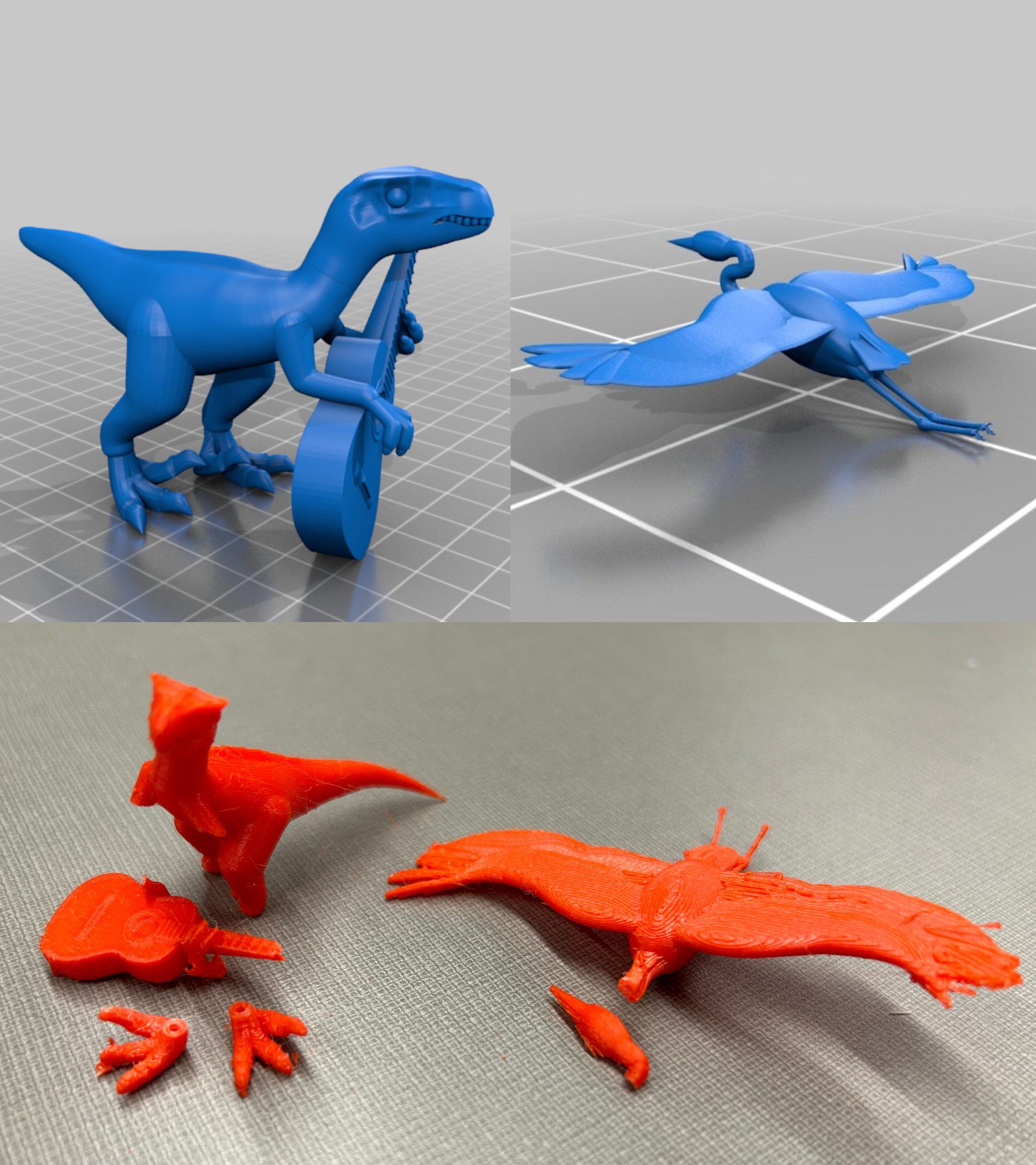 A rendered model of a velociraptor playing a guitar and a great blue heron. Underneath, the resulting prints of each model. The velociraptor's arms and feet have snapped off and the heron's legs and head have snapped off because of how thin the connection points are.