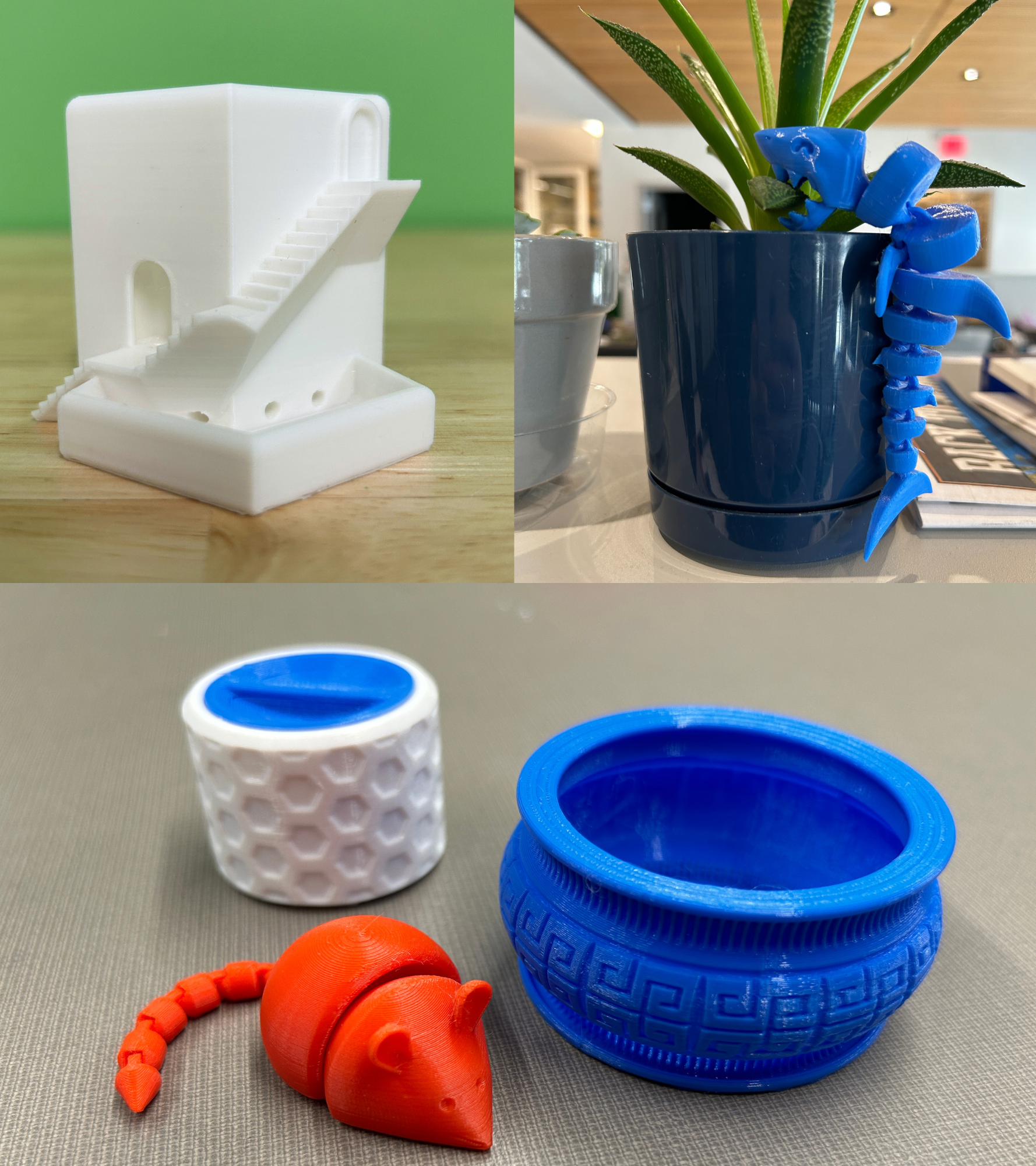 top left: a white 3D printer planter designed to look like a tower with a set of stairs along the edge. top right: a blue 3D printed articulated shark biting and hanging from a plant. bottom from left to right: a 3D printed white honeycomb patterned jar with a blue lid, a 3D printed orange articulated mouse, and a 3D printed bowl with a square pattern along the sides.