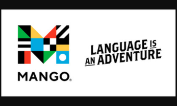 The letter M filled with lines and colors hovering on top of the word Mango. The words Language is an adventure is written in black to the right of the M. There are black lines across the top and bottom of the image