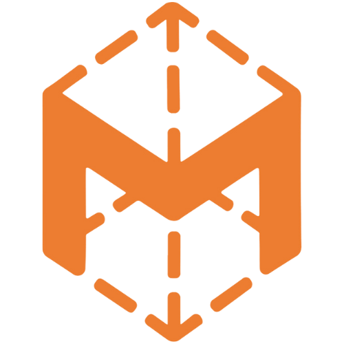 Makerspace Logo. Bold orange letter M with dashes connecting corners of letters to create a  3D cube shape