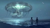 giant jelly fish over moonlit ocean