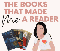 The Books that Made Me a Reader graphic showing stylized silhouette of Sarah and the three book covers