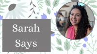 "Sarah Says" blog banner showing librarian Sarah Rodriguez