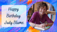 The text "Happy Birthday Judy Blume" alongside a photo of the author.