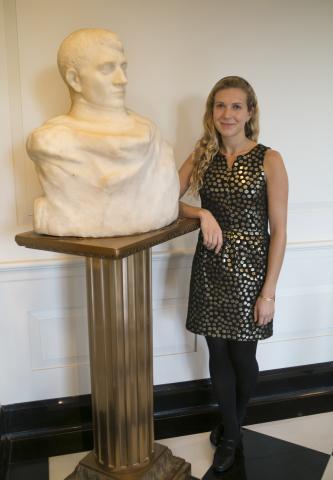 Mallory Morrtillaro with Rodin's sculpture of Napoleon