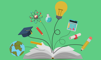 Green background with an open book in foreground oozing graphics: a globe, a graduation cap, a ruler, two pencils, an atom, a beaker full of liquid, a lightbulb, a calendar, and a diploma