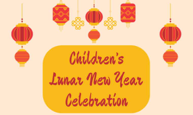 Children's Lunar New Year Celebration with hanging red and gold lanterns placed around the text