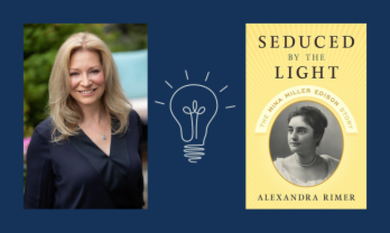 Image of white woman with blonde hair with a dark blouse on placed next to a line drawing of a light bulb and the cover of a yellow book titled Seduced by the Light with a portrait of a woman beneath the words