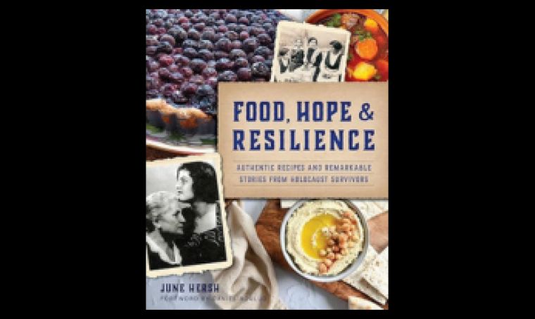 Cover of a book titled Food, Hope and Resilience with a blueberry pie hummus and photos 