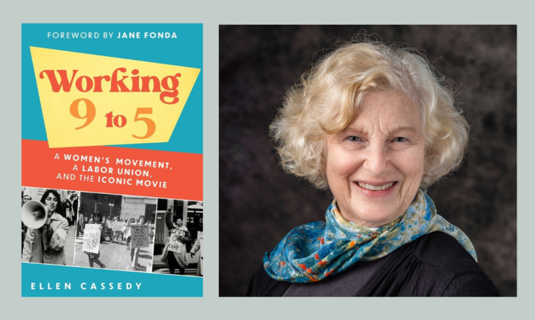 Working 9 to 5 book cover next to author headshot: Woman with short cropped blonde hair and a smile on her face with blue scarf around her neck