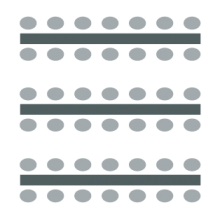 Banquet room setup icon showing three long tables with seating on both sides of each table