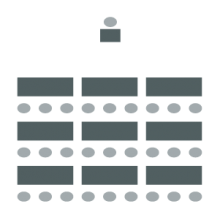 Classroom Lectern room setup icon showing three columns of desks and lectern at front of room