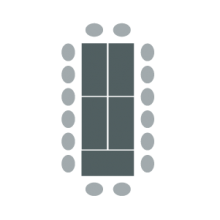 Closed Cube room setup icon showing tables all pushed together with chairs placed around the tables